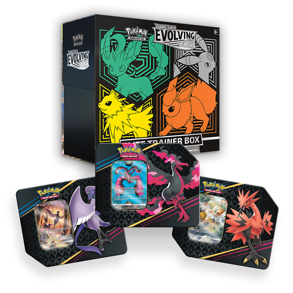 Pokémon TCG: Evolving Skies Elite Trainer Box & Crown Zenith Special Art 7" Tin Triple Set Bundle Green