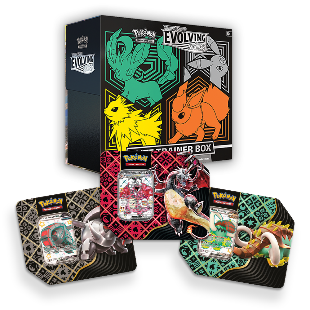 Pokémon TCG: Evolving Skies Elite Trainer Box & Paldean Fates 5-Booster Tin Triple Set Bundle Green