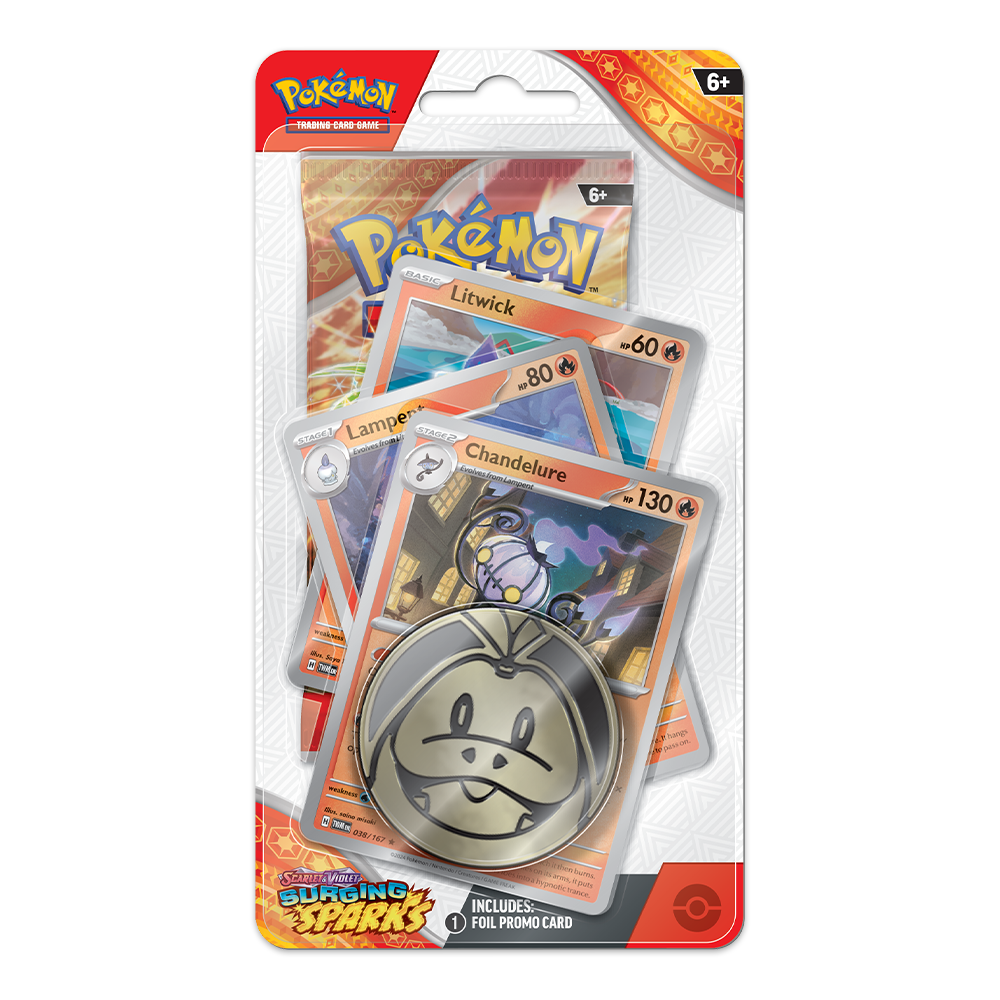 Pokémon TCG: Scarlet & Violet – Surging Sparks Premium Checklane Blister Display – Chandelure