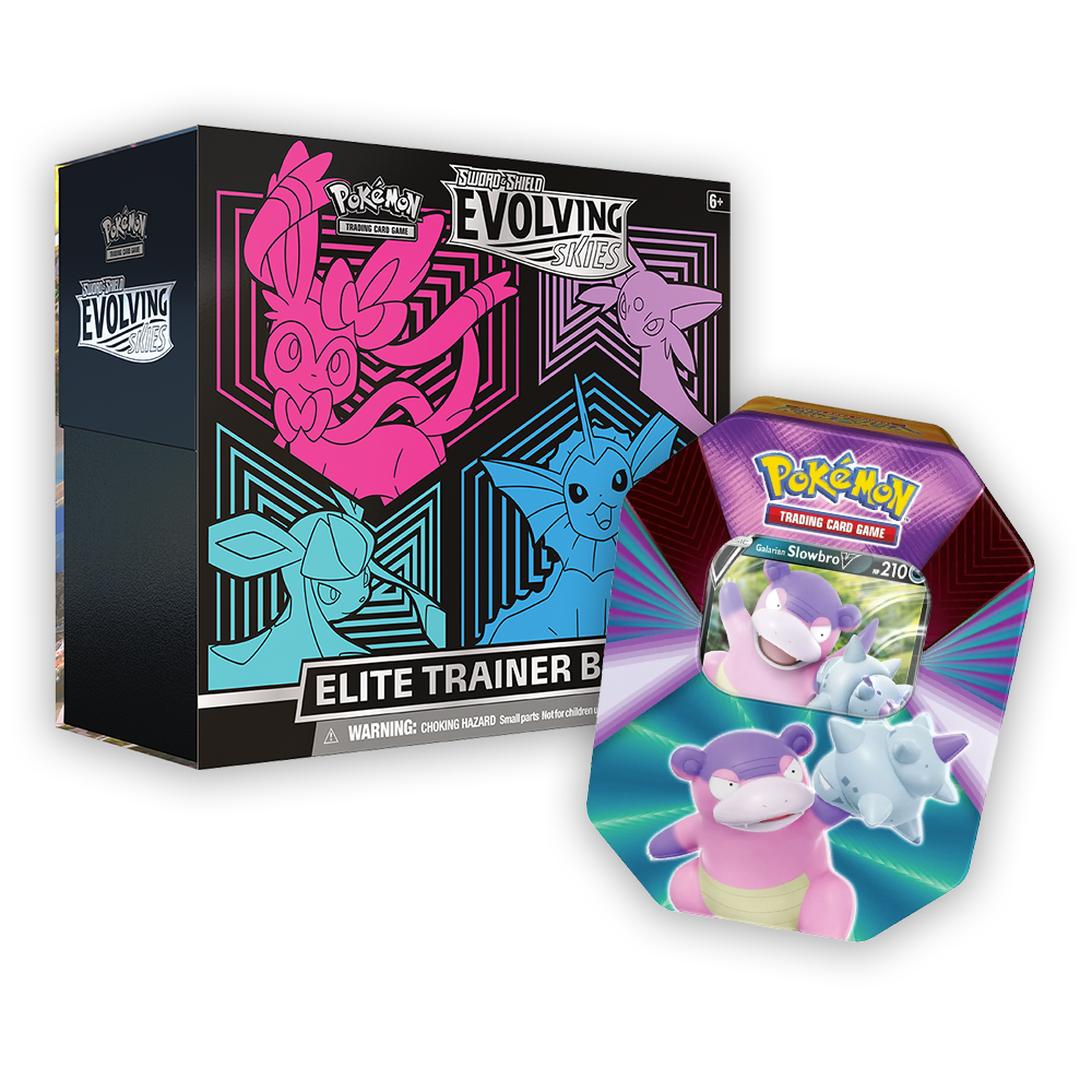 Pokémon TCG: Sword & Shield – Evolving Skies Elite Trainer Box & V Forces Tin Bundle - Pink / Galarian Slowbro