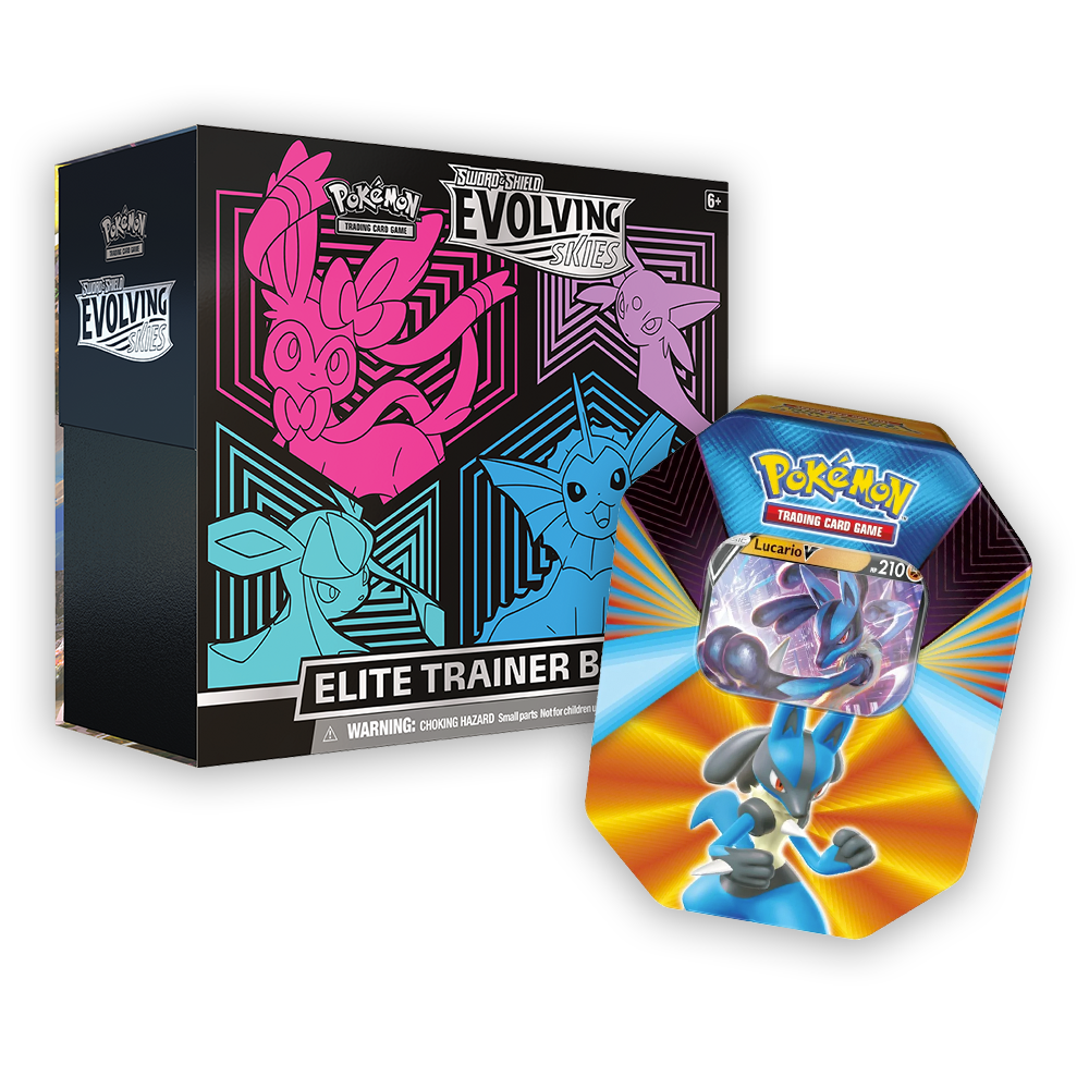 Pokémon TCG: Sword & Shield – Evolving Skies Elite Trainer Box & V Forces Tin Bundle - Pink / Lucario