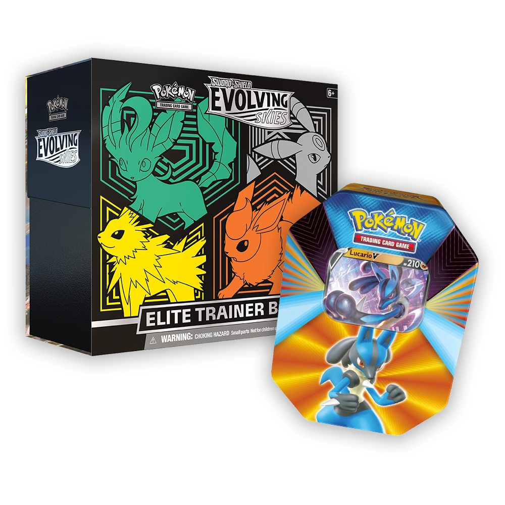 Pokémon TCG: Sword & Shield – Evolving Skies Elite Trainer Box & V Forces Tin Bundle - Green / Lucario