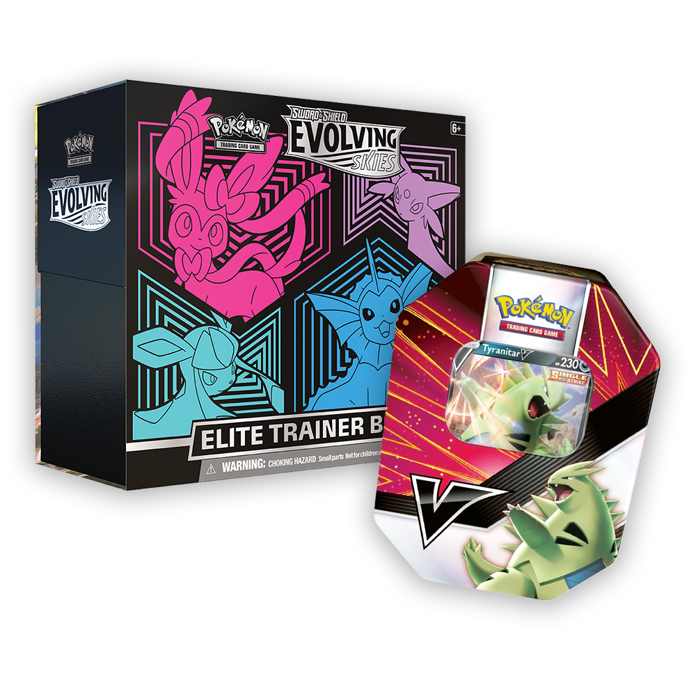 Pokémon TCG: Sword & Shield – Evolving Skies Elite Trainer Box & V Striker Tin Bundle - Pink / Tyranitar